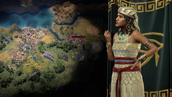 Hatshepsut, leader of the Egyptians, looks grumpily towards a background of hexy greenery.