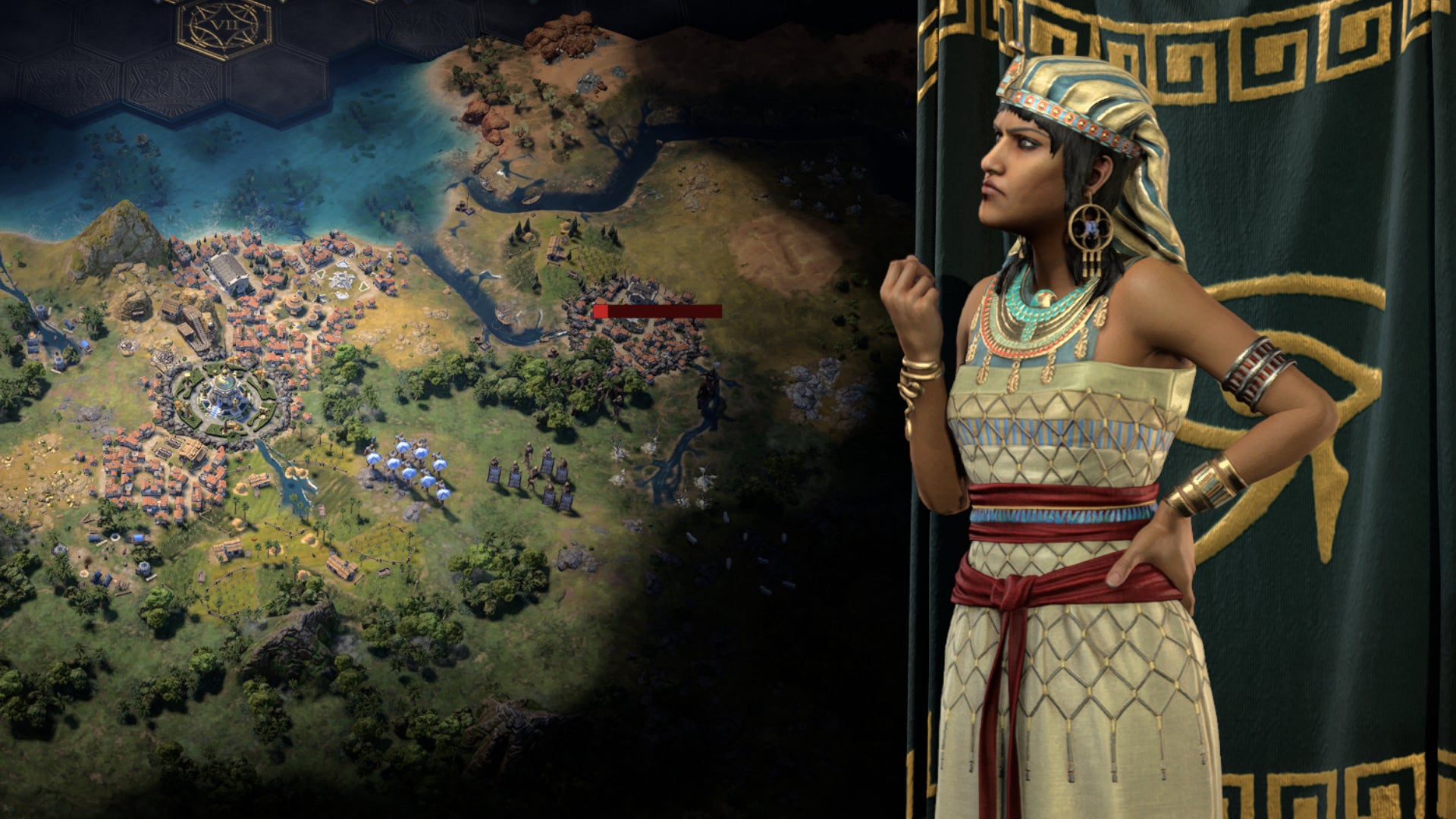 Hatshepsut, leader of the Egyptians, looks grumpily towards a background of hexy greenery. - 1