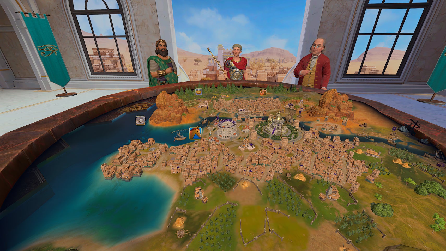 A VR version of Civilization 7, several historical figures looking down at a table with a strategy game map on top of it. - 1