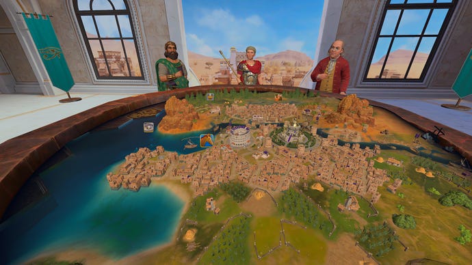 A VR version of Civilization 7, several historical figures looking down at a table with a strategy game map on top of it.
