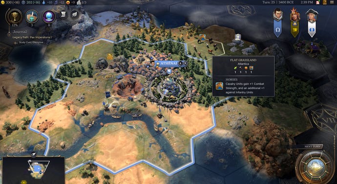 The city of Athenai, surrounded by trees and occupying four tiles in Sid Meier's Civilization 7.