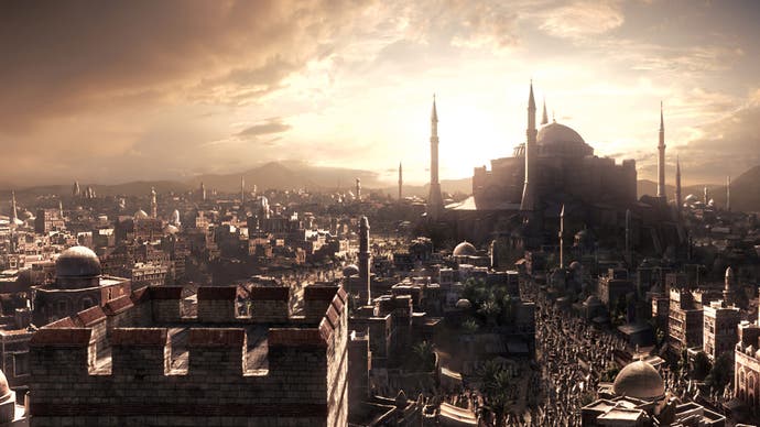 A piece of story art from Civilization V, showing the sunrise over a pre-industrial city.
