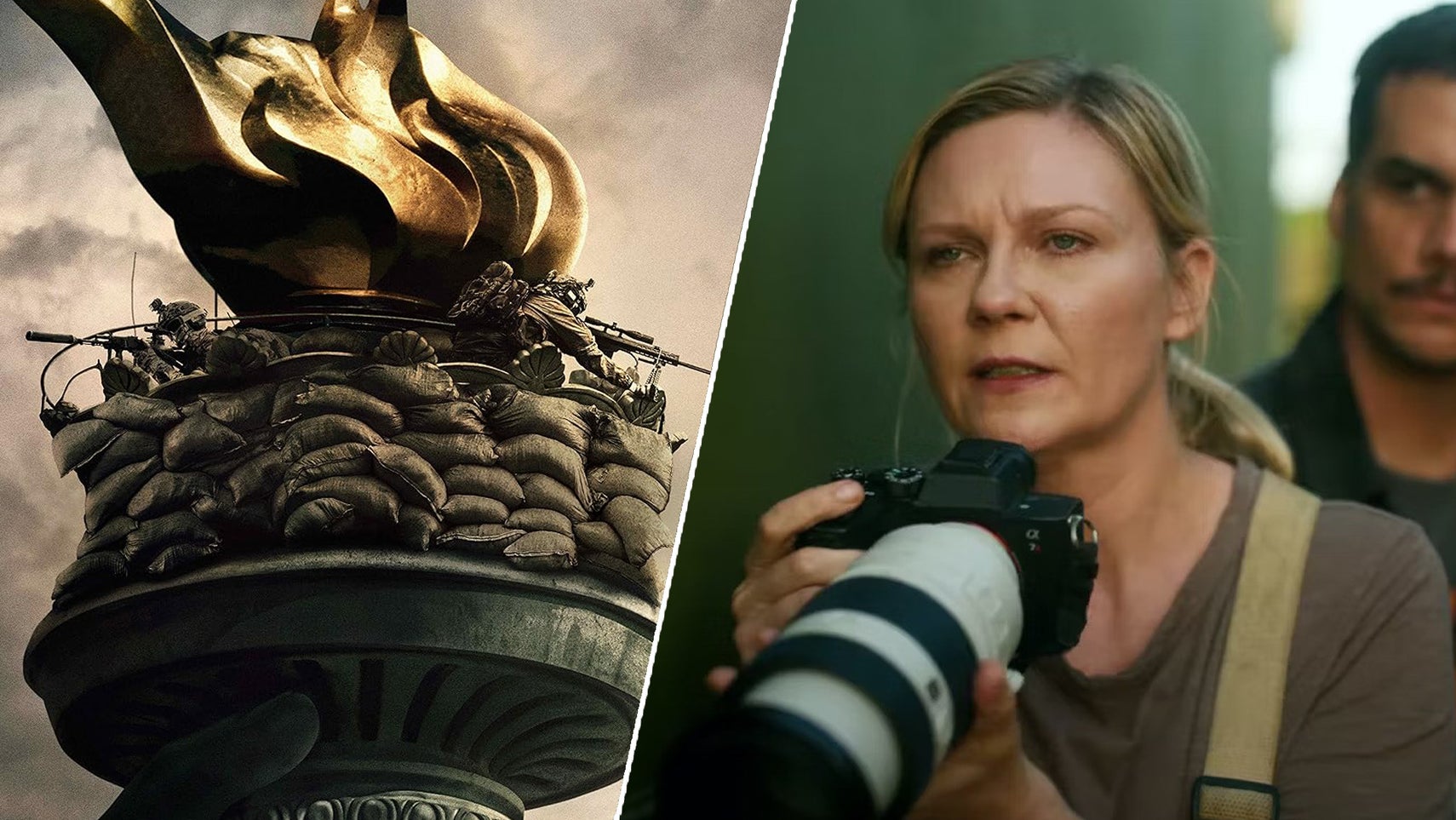 Two soldiers are perched on the torch of the Statue of Liberty, Kirsten Dunst is stood with a camera in hand, a man stood behind her in Civil War. - 1
