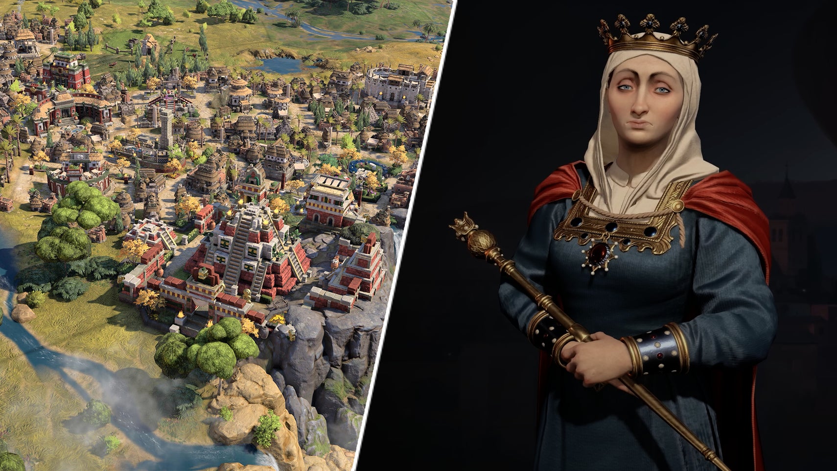 Queen Isabella next to a city in Civilization 7. - 1