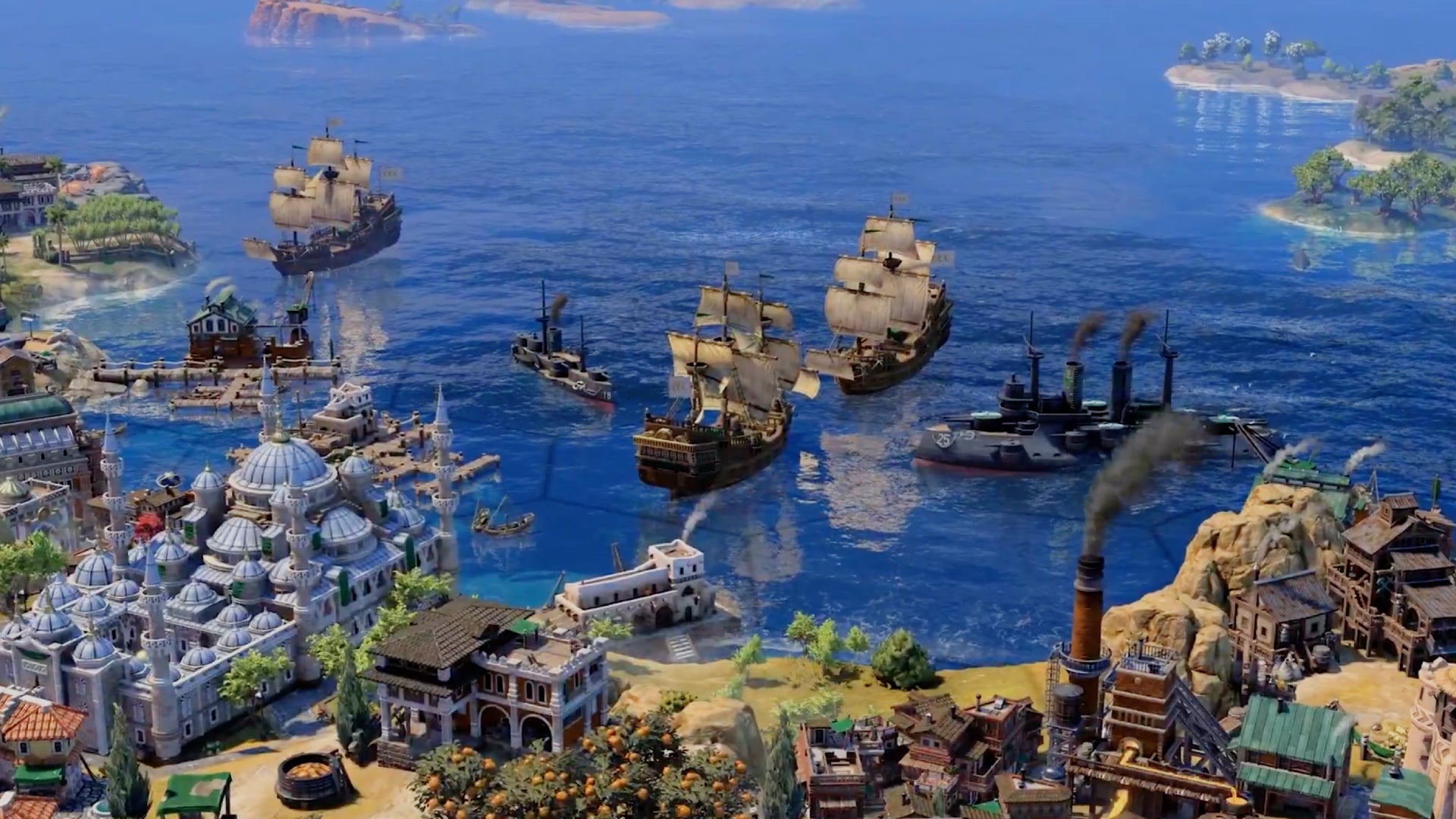 Some ships off the coast of a city in Civilization 7. - 1