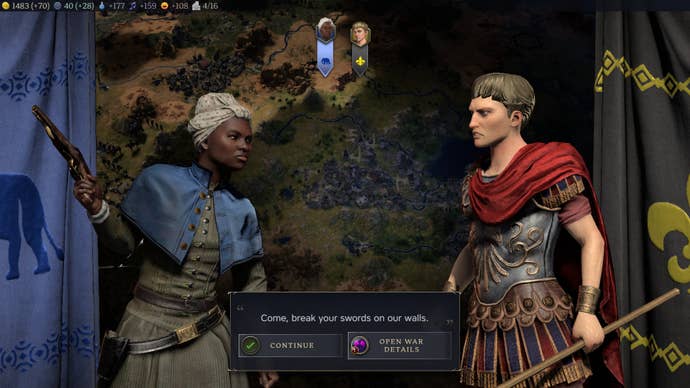 Civilization 7 screenshot of Harriet Tubman brandishing a revolver at Augustus, who says “Come, break your swords on our walls."