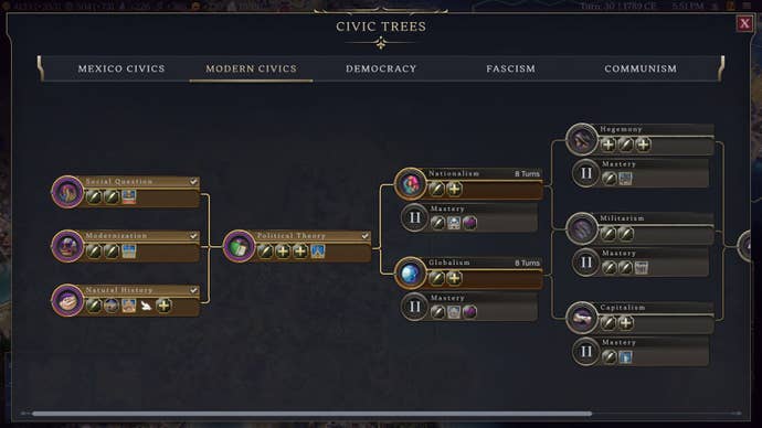 Civilization 7 screenshot of a “civic tree” in the modern era as I decide whether to research Nationalism or Globalism.