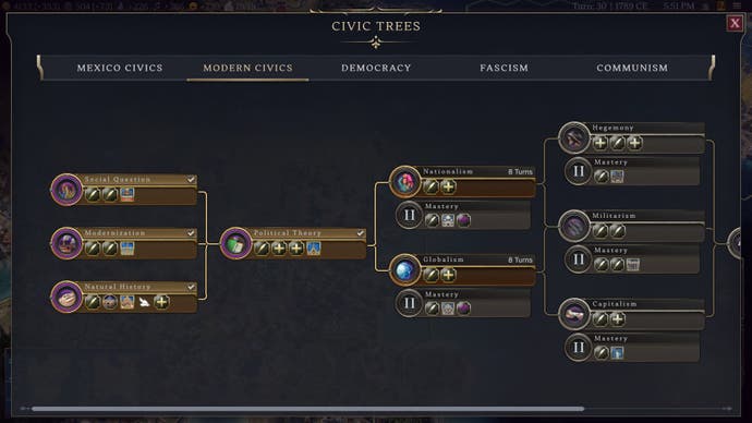 Civilization 7 screenshot of a "civic tree" in the modern era as I decide whether to research Nationalism or Globalism.