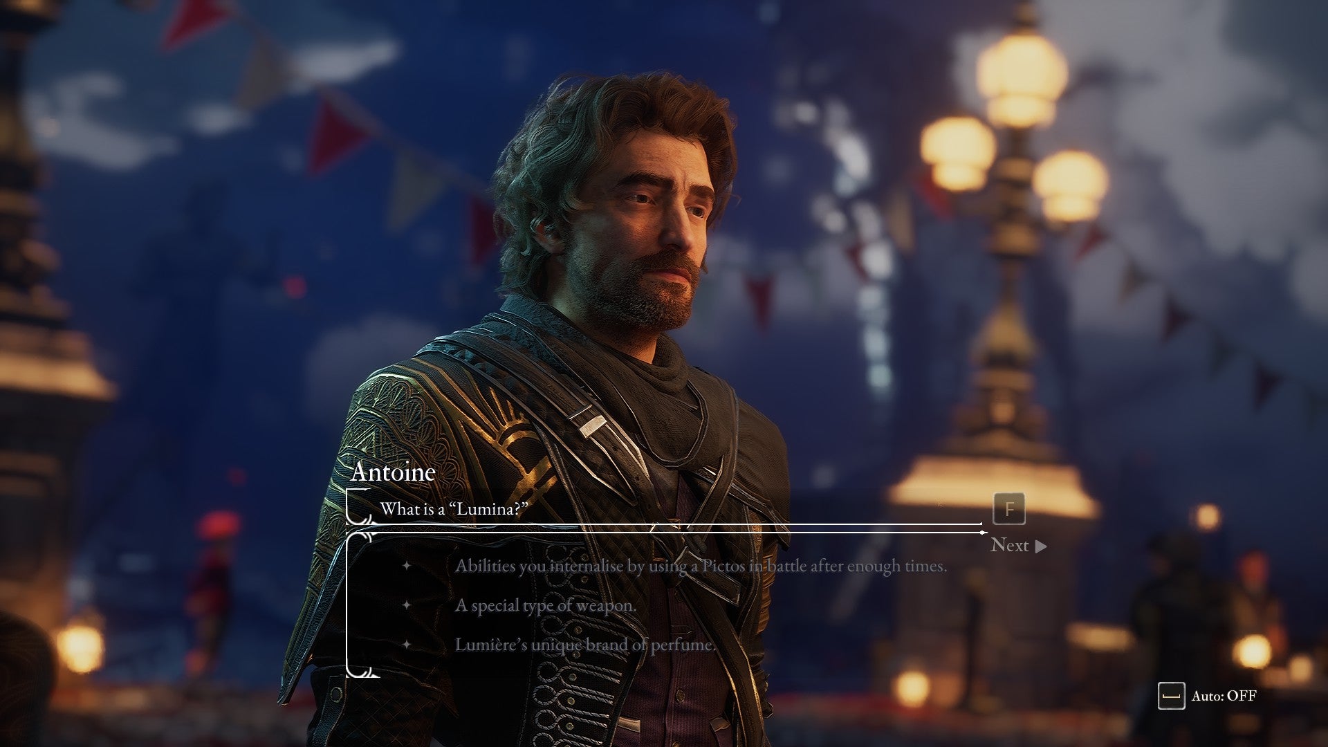 A screenshot from Clair Obscur: Expedition 33, showing Gustav answering one of the questions Antoine asks him during the Gommage festival. - 4