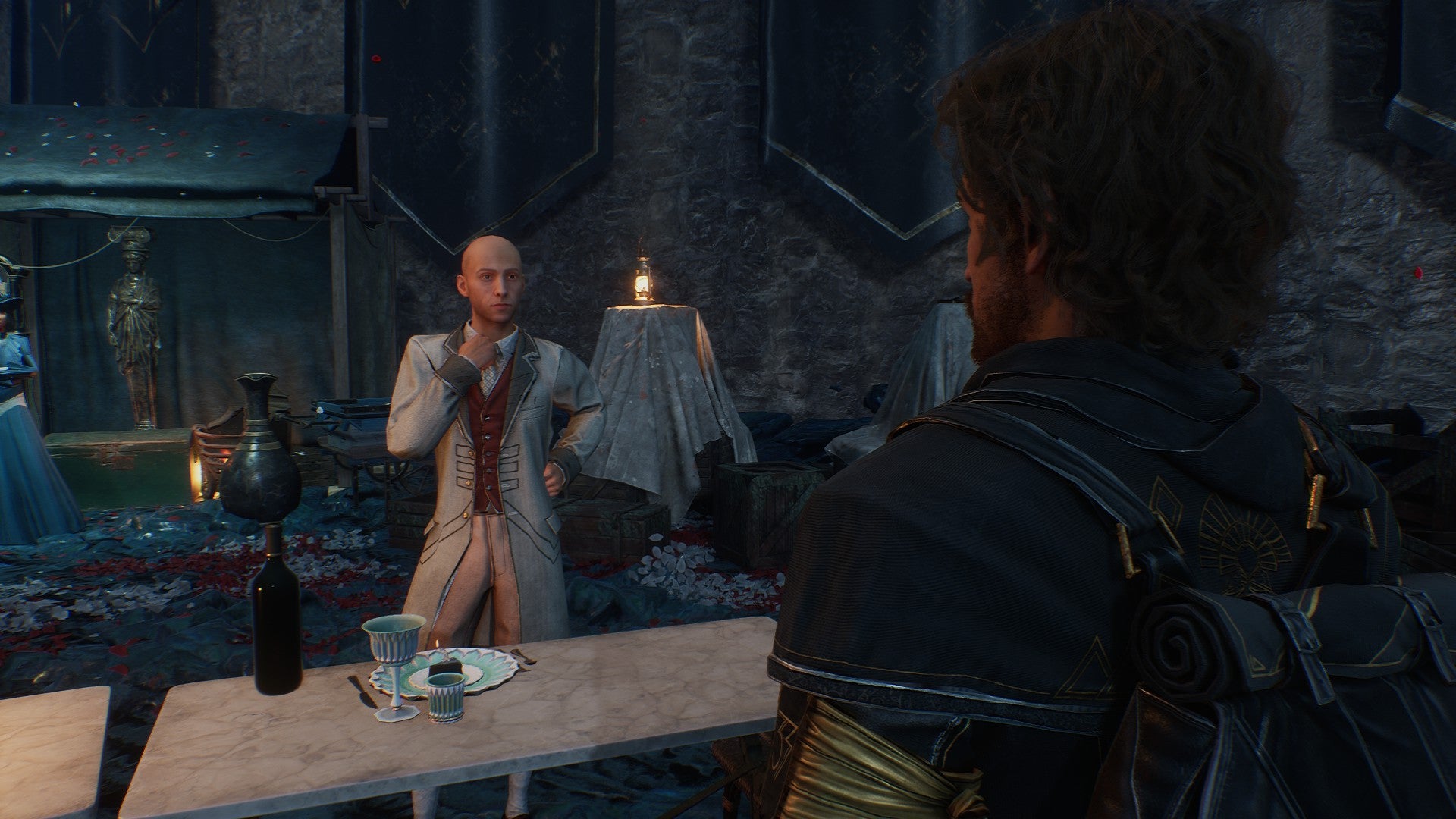 A screenshot from Clair Obscur: Expedition 33, showing Gustav looking at Antoine before he takes his history test during the Gommage Festival. - 1