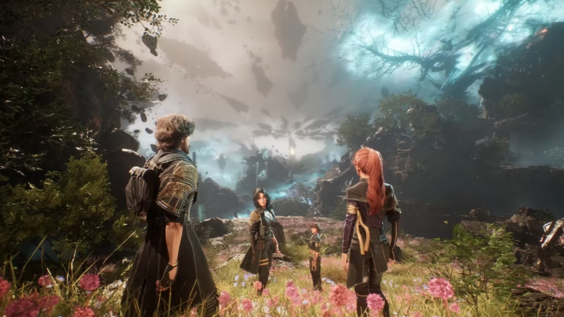 Clair Obscur Expedition 33 promo screenshot of Gustave, Maelle, Sciel and Lune