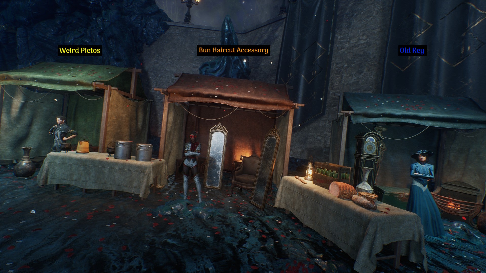 A screenshot from Clair Obscur: Expedition 33, annotated with the rewards you receive in exchange for Festival Tickets from each of the vendors at the Gommage Festival. - 5