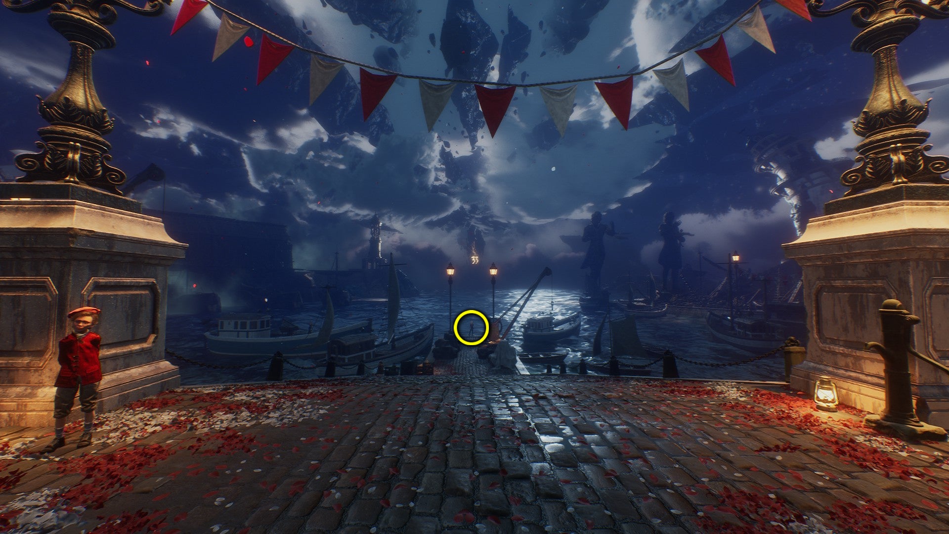 A screenshot from Clair Obscur: Expedition 33, featuring a highlight pointing out the location of Maelle at the end of the peer in the Gommage Festival party. - 5