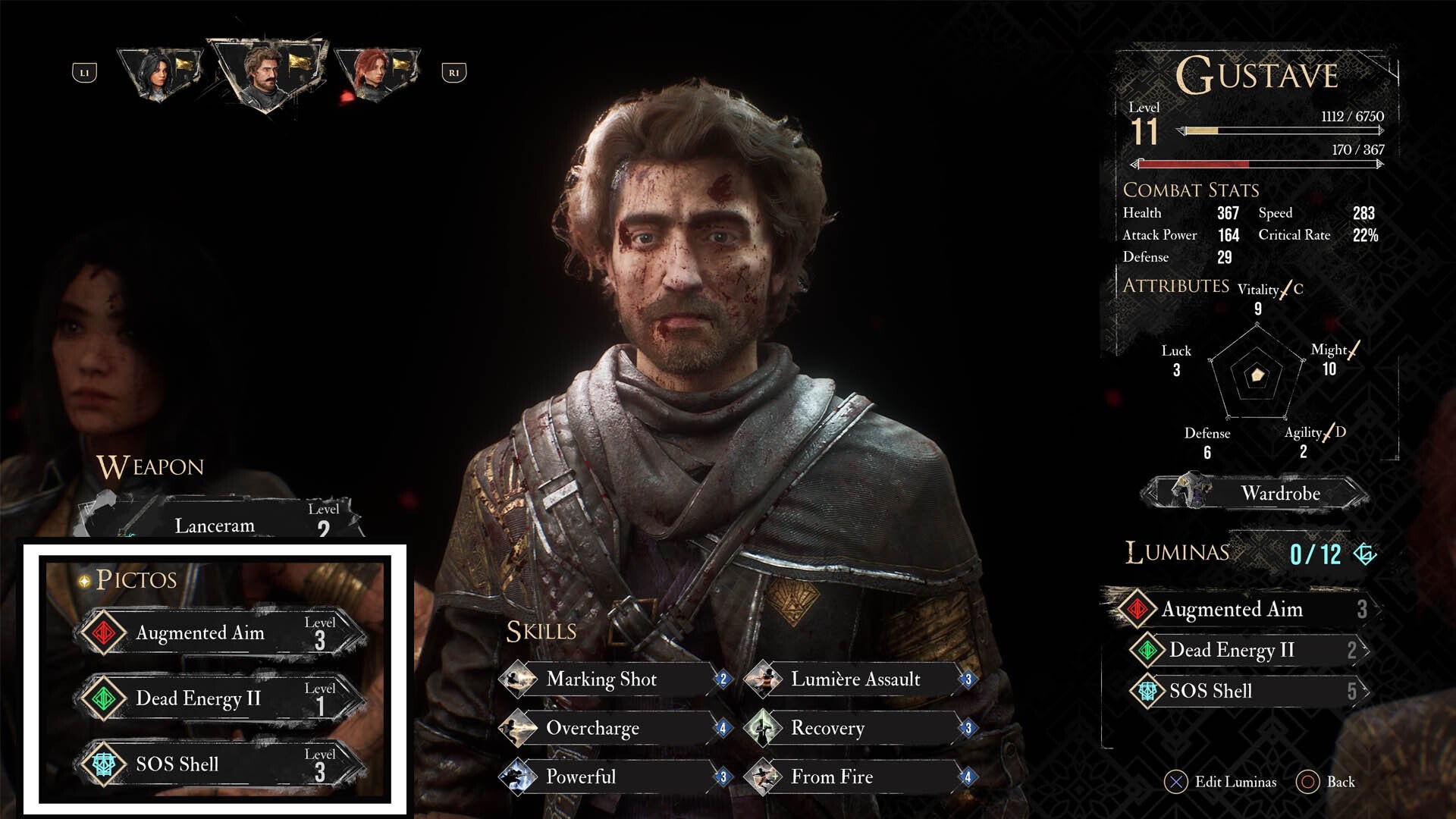 clair obscur expedition 33 gustave character menu pictos highlighted