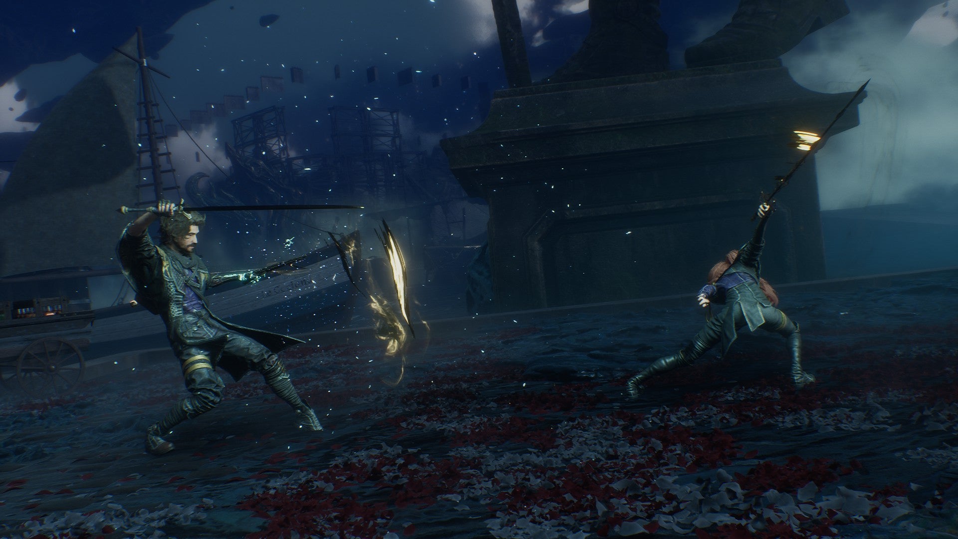 A screenshot from Clair Obscur: Expedition 33, showing a photo mode captured image of Gustav and Maelle's rematch during the Expedition Festival. - 6