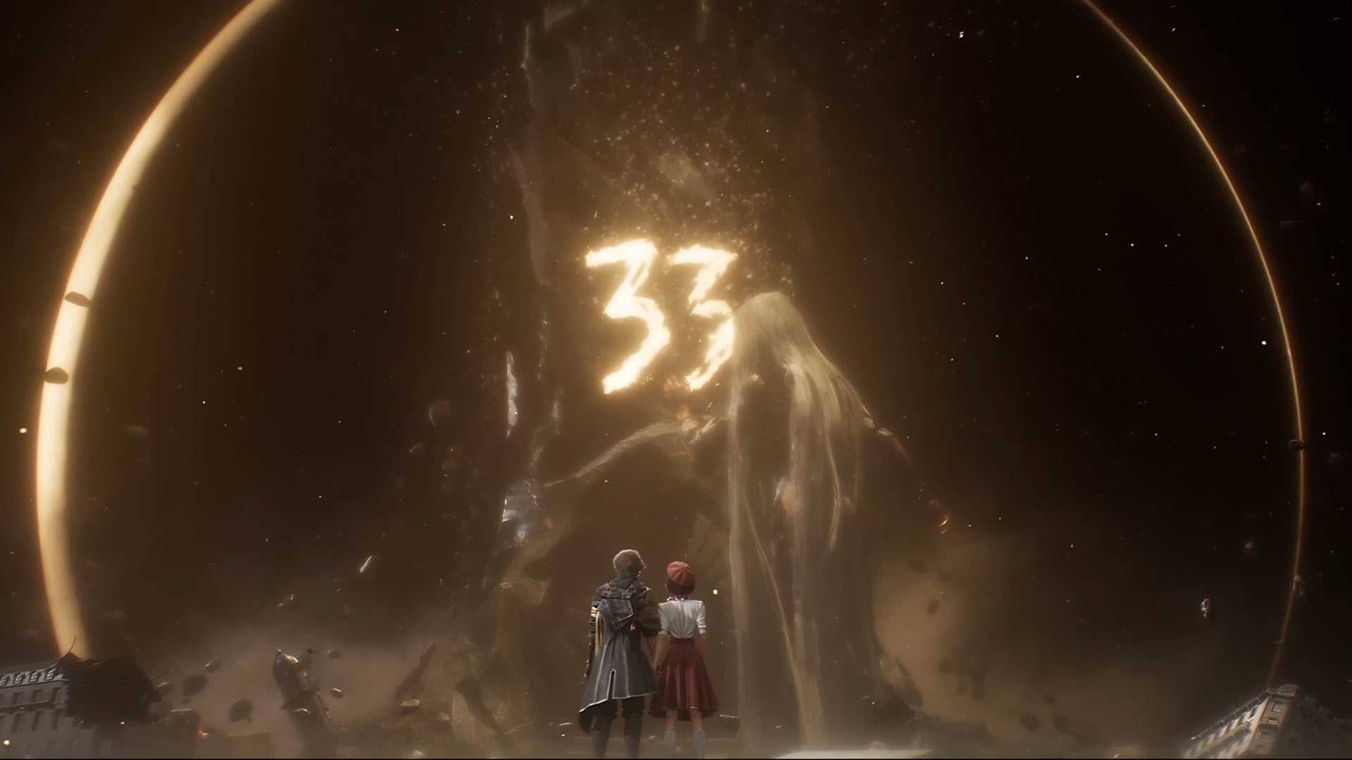 A screenshot from the prologue of Clair Obscur Expedition 33, showing Gustav and Sophie watching the Paintress during the Gommage.