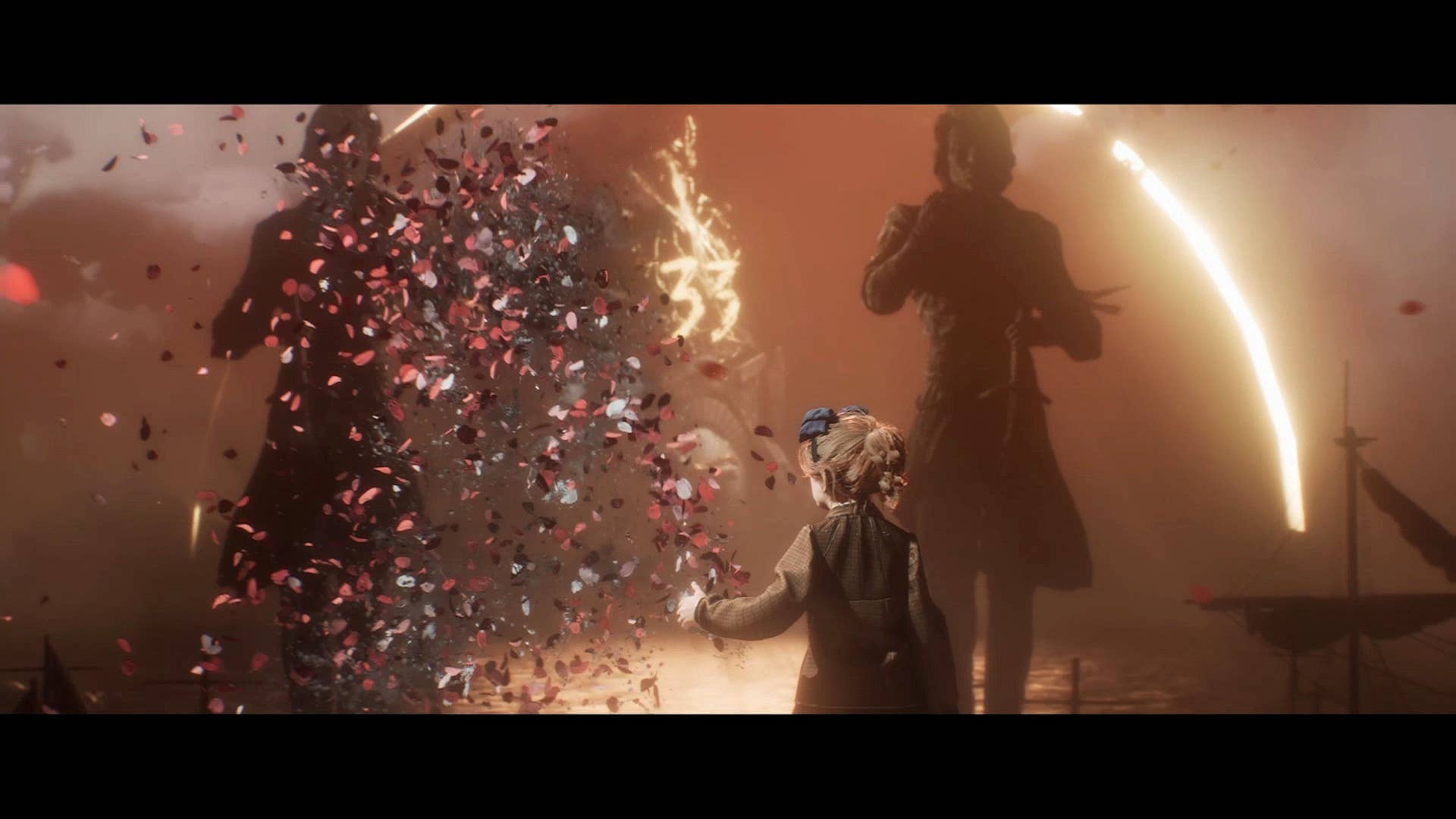 A young child looks out upon a nearby eclipse-like seen, as the parent whose hand they were holding disappears in a puff of rose petals.