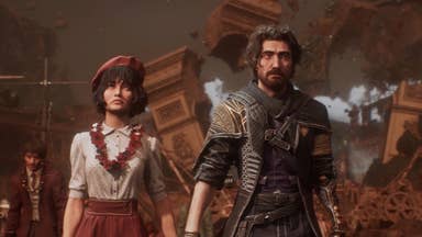 Clair Obscur screenshot showing Sophie and Gustave standing hand in hand