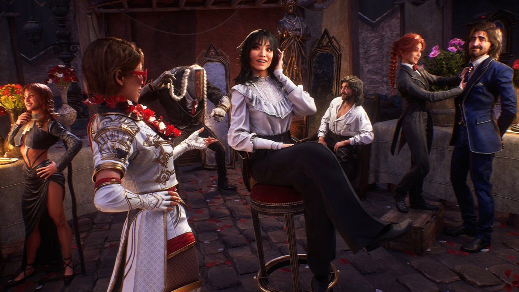 Official Clair Obscur: Expedition 33 artwork showing the main characters sharing casual banter as they get their glad rags on to celebrate the game's first anniversary.