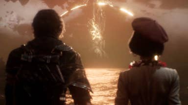 Two almost silhouetted characters looking out on a tower at sea with a glowing number 34 on it.