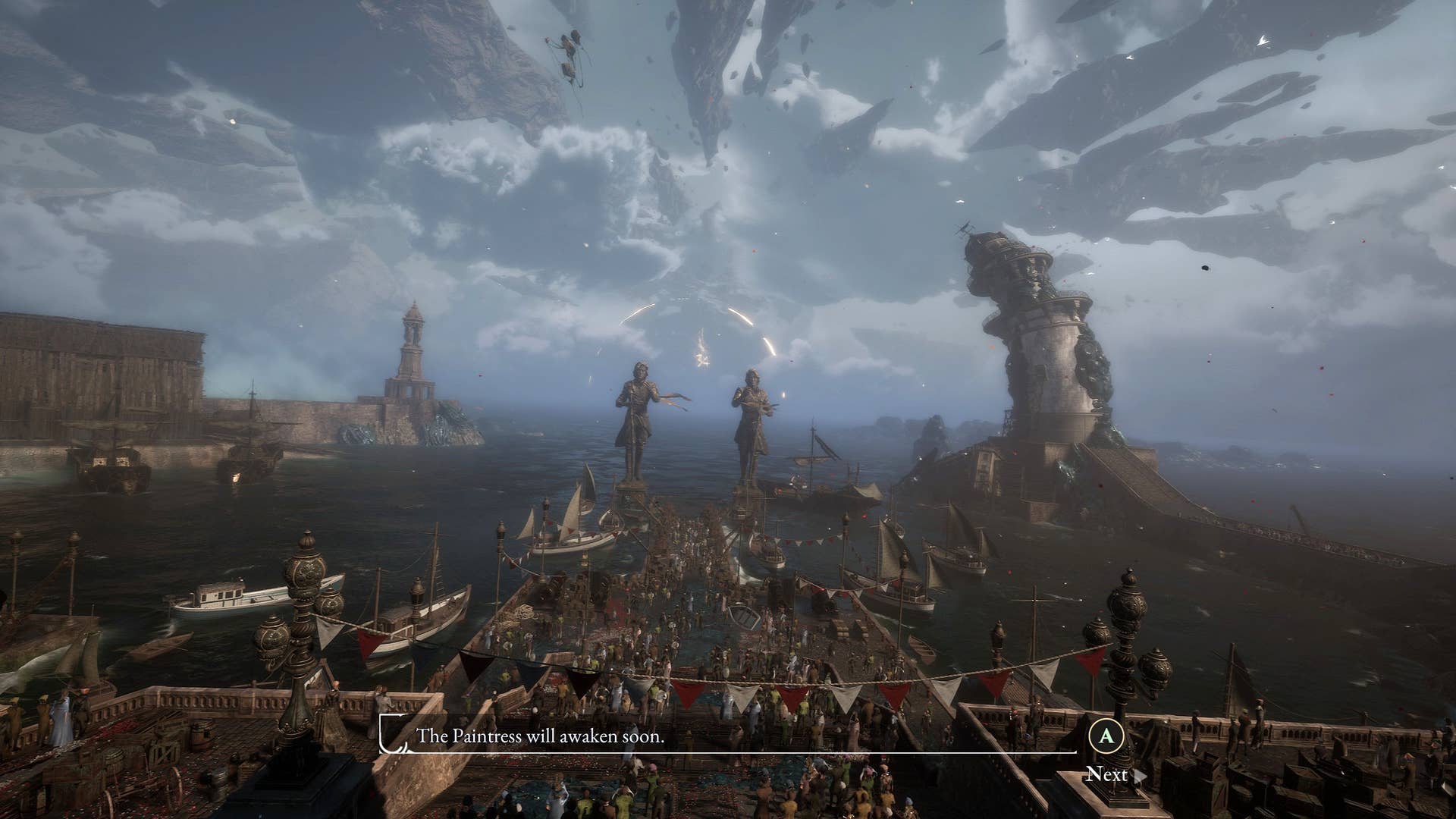 A zoomed out screenshot of a busy dock that looks out to a distant tower in the sea with a glowing number 34 on it.