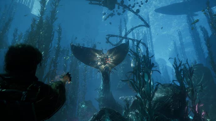 A man prepares to shoot at a glyph on a whale’s tale in Clair Obscur: Expedition 33