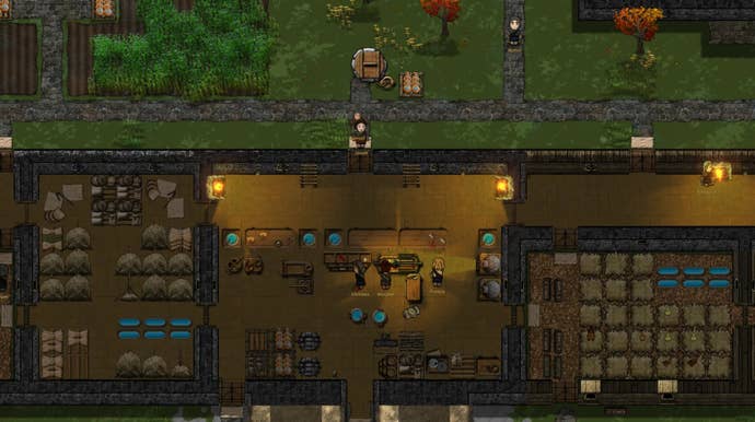 Little people seen from above standing around a medieval homestead inside which we can see tables, barrels, food stores.