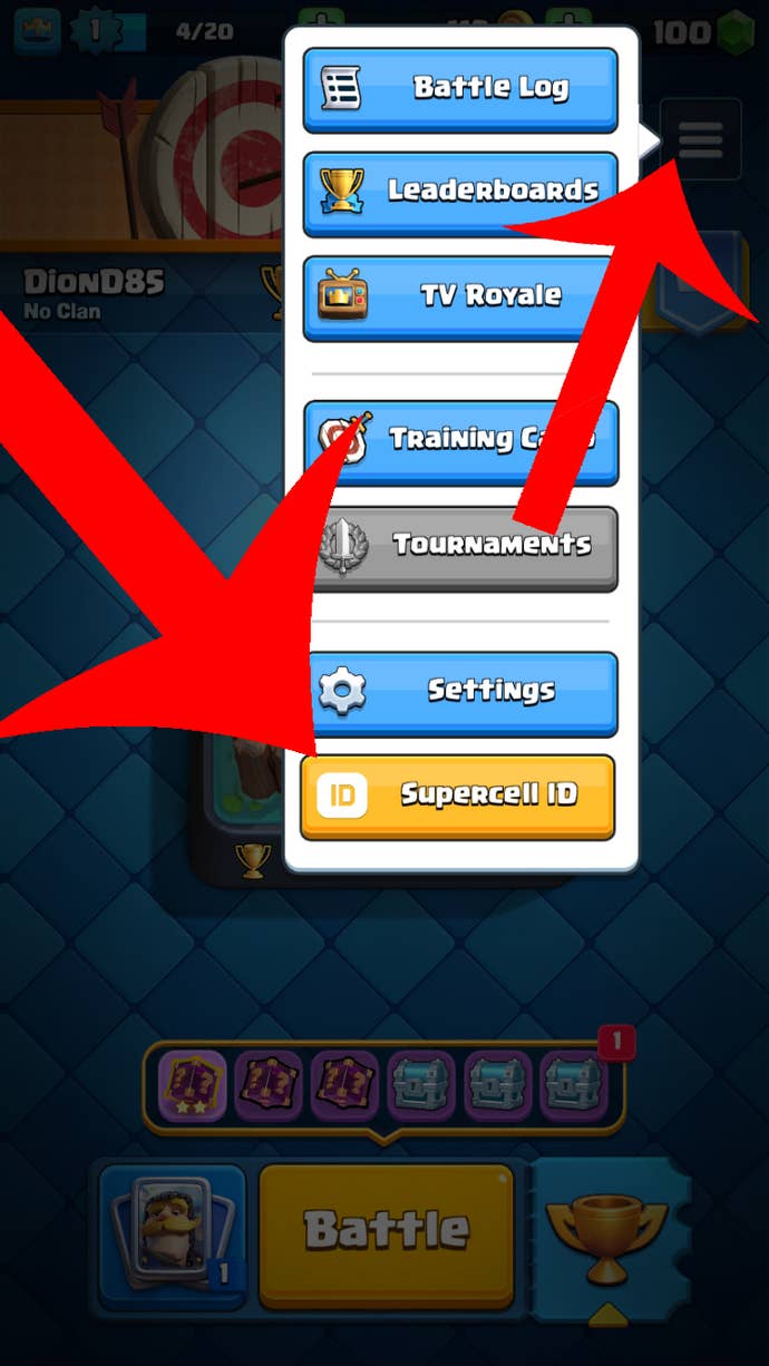 An arrow pointing at the menu button, and the button used to create a Supercell ID in Clash Royale.