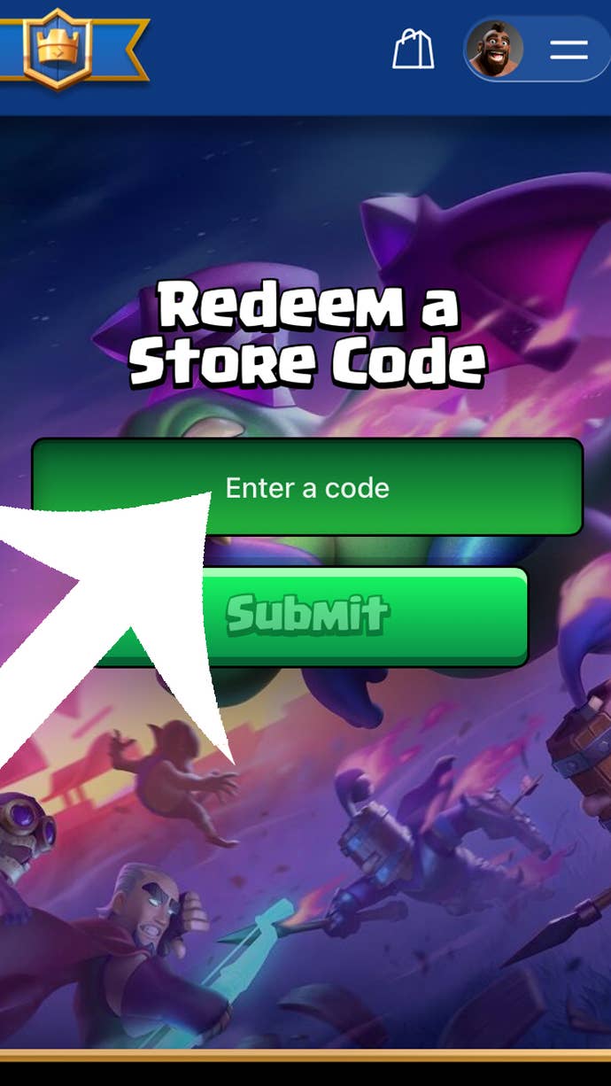 An arrow pointing at the menu used to submit codes for Clash Royale on the Supercell Store website.