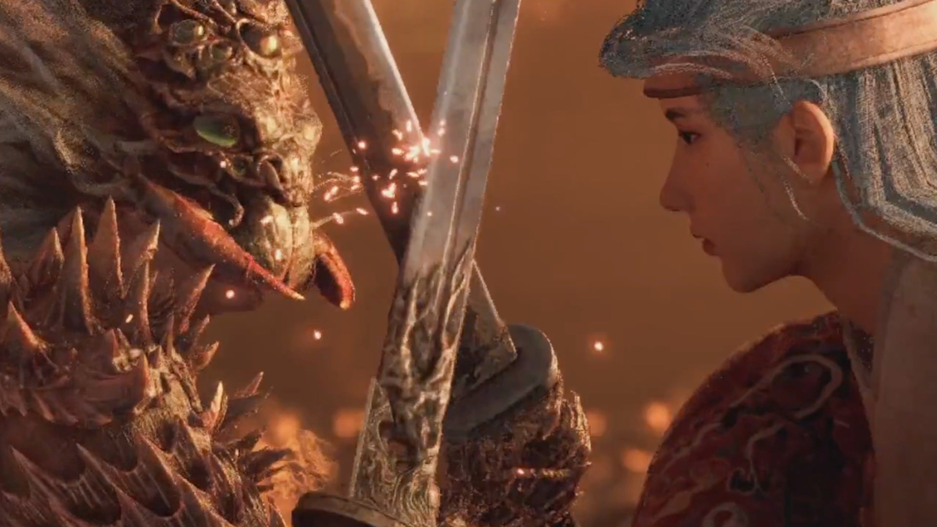 Wuchang, wearing a Centipede Armor helmet, clashes blades with Commander Honglan in Wuchang Fallen Feathers. - 6