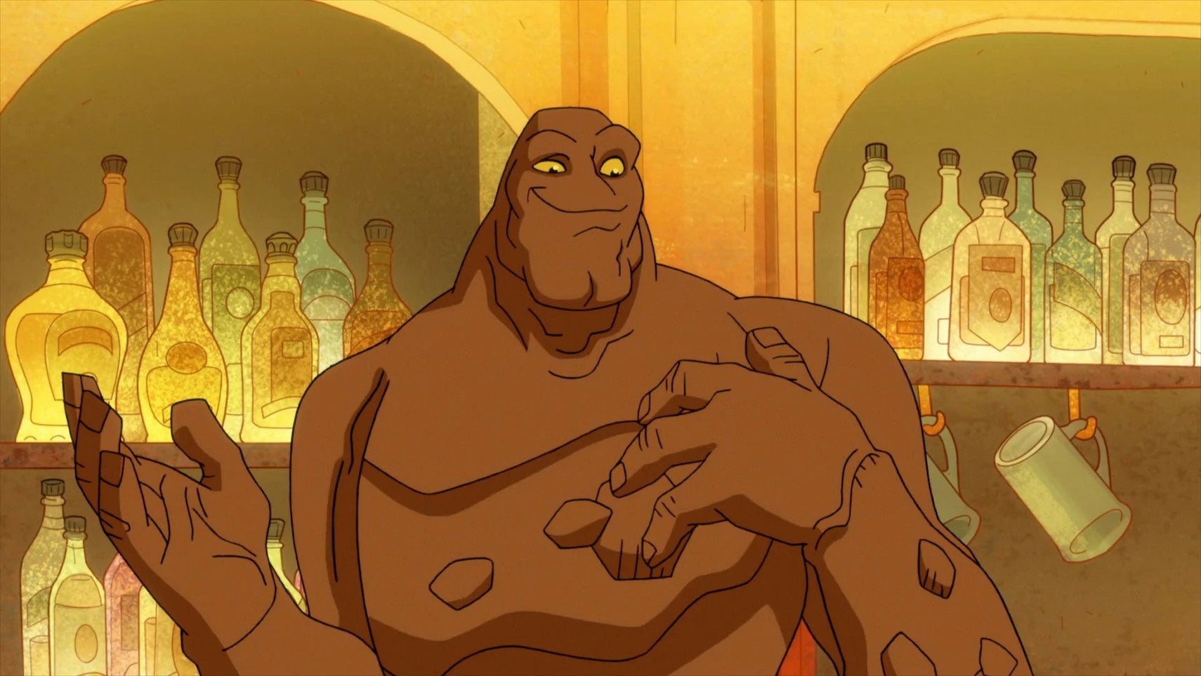 Clayface with a smug expression stood in a bar in front of a bunch of bottles of alcohol in the animated series Harley Quinn. - 1