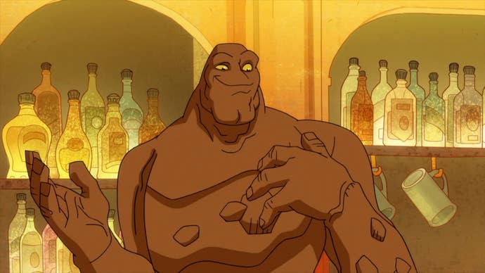 Clayface with a smug expression stood in a bar in front of a bunch of bottles of alcohol in the animated series Harley Quinn.