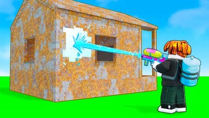Artwork for the Roblox game Clean a House, showing a Roblox character using a jet washer to clean a house.