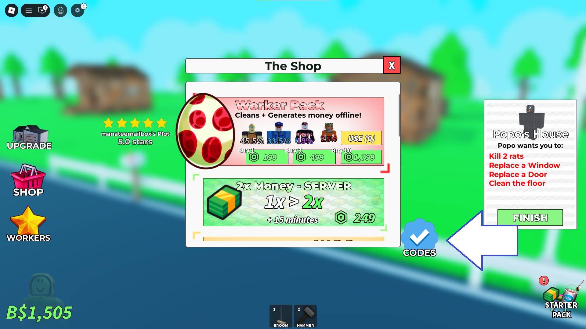 Uma captura de tela de uma casa limpa em Roblox mostrando o botão Códigos do jogo.
