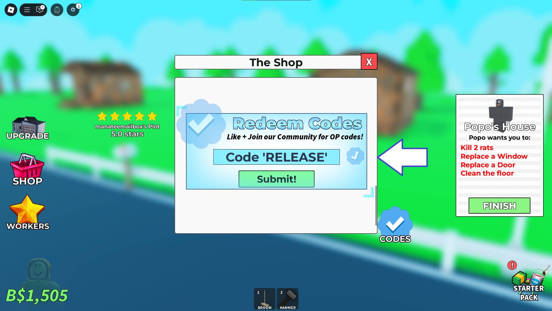 Uma captura de tela de uma casa limpa em Roblox mostrando o campo Código do jogo.