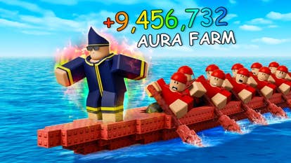 Artwork for the Roblox game Click to Aura Farm showing a group of characters on a rowing boat.