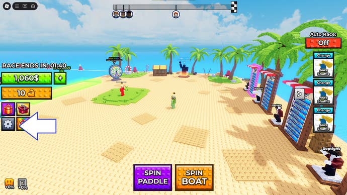 A screenshot of Click to Aura Farm in Roblox showing the game's settings button.
