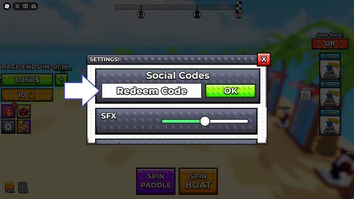 A screenshot of Click to Aura Farm in Roblox showing the game's codes field.