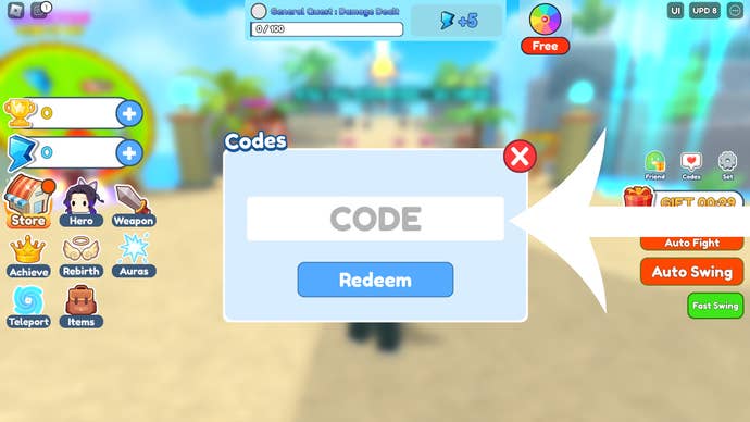 Arrow pointing at the codes screen in Clicker Fighting Simulator.