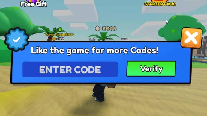 A close-up of the big blue code redemption panel in Climb And Slide, a Roblox experience.