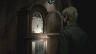 A character in a gloomy hallway stares at a dusty old grandfather clock.