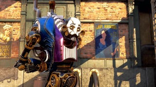A tall gold and white mechanical soldier in Clockwork Revolution
