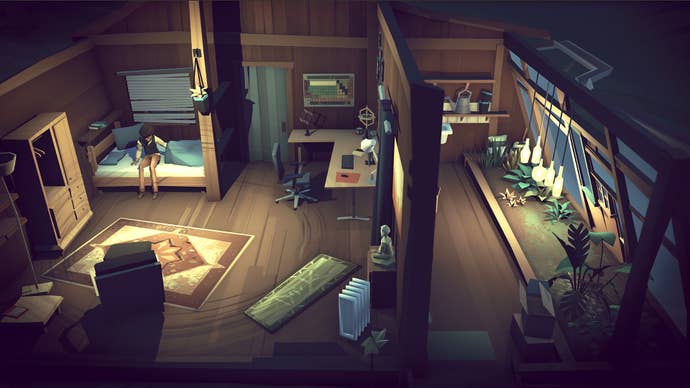 A room in Closer the Distance, quiet and reflective and dark, as one character sits on the bed.