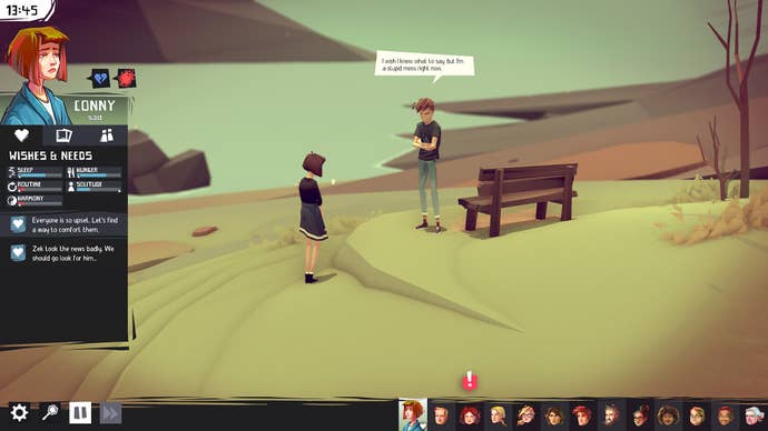 Two characters interact near a lakeside with a small hill in the background in Closer the Distance. Game UI is visible.