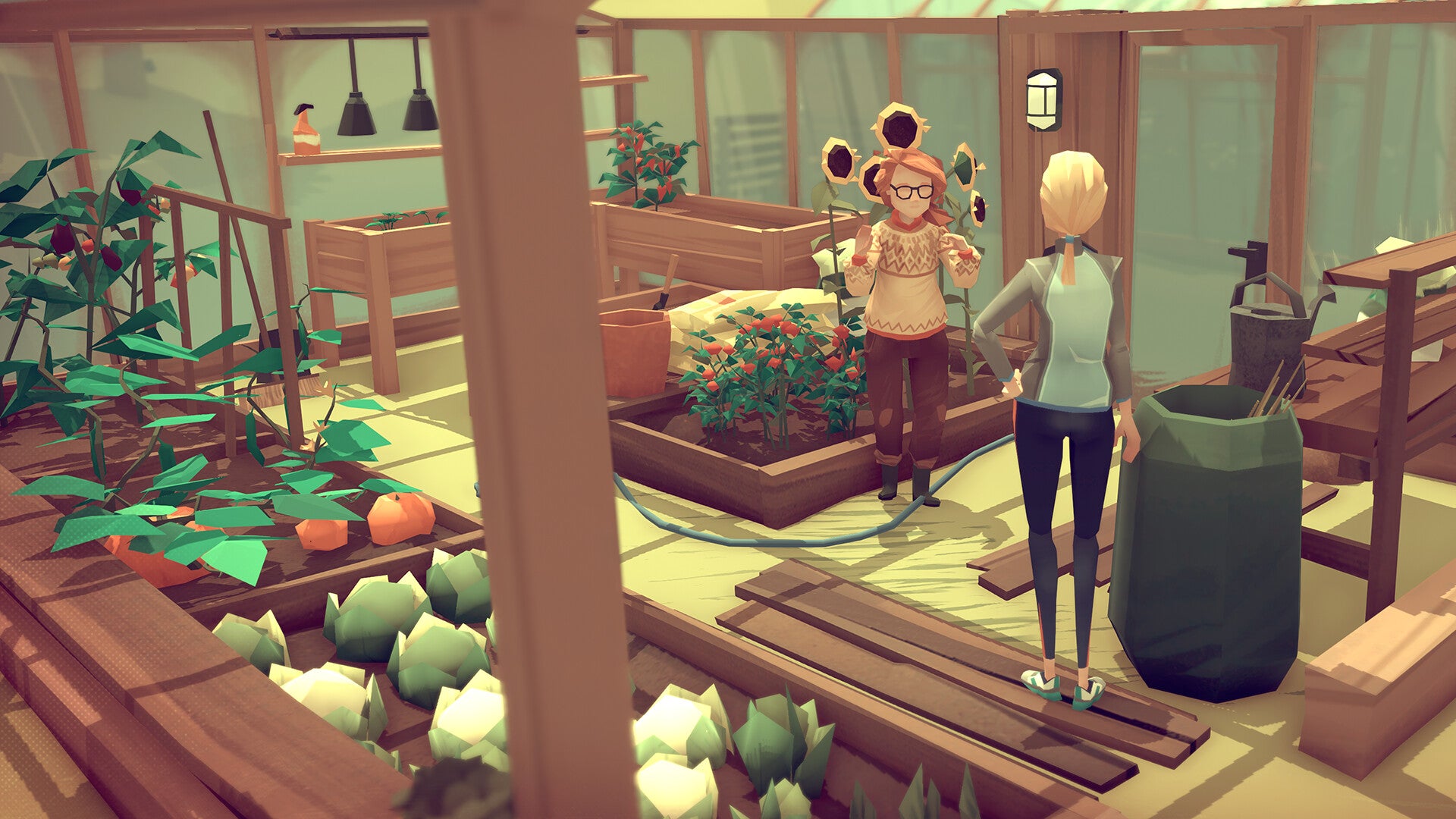 Two characters stand chatting in a greenhouse in Closer the Distance. - 3