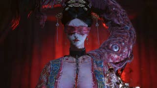 A closeup of Perfect Bride - Fang Ling, one of the bosses in Wuchang Fallen Feathers. She appears as a woman wearing a red blindfold with a scarred body. A horrifying eye-encrusted tentacle extends from behind her.