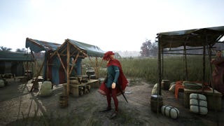 The player character peruses food and clothing stalls in the market in Manor Lords.
