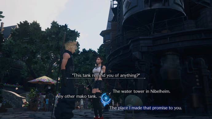 Tifa asks Cloud what a nearby water tank reminds him of in Final Fantasy 7 Rebirth. There are various responses, the best one of which is “The place I made that promise to you."