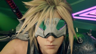 Close up of spiky-haired Cloud from Final Fantasy 7 Rebirth with a VR headset over his face