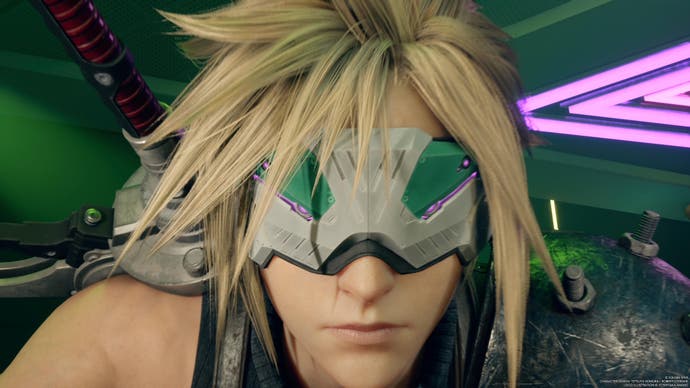 Close up of spiky-haired Cloud from Final Fantasy 7 Rebirth with a VR headset over his face